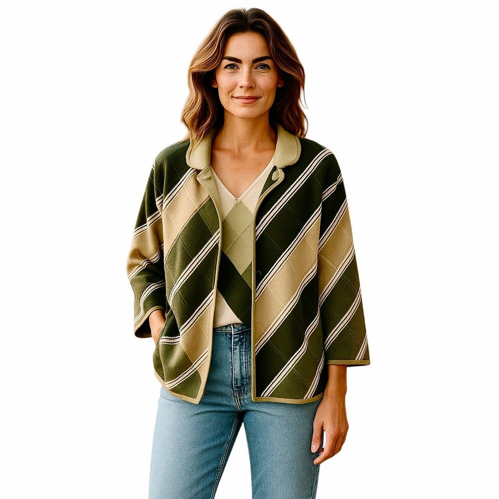 VTG 80s Knits by Thayer Wool Cardigan Jacket Stripe Italy 12 READ Moth Holes